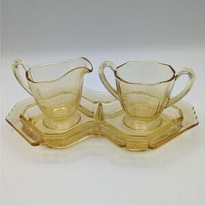 Complete Vintage Yellow Glass Creamer Sugar Bowl Set Mid-Century Modern MCM